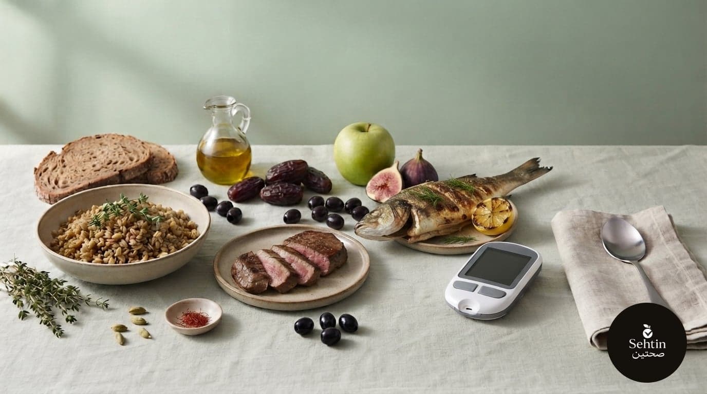 Tayyibat table set for blood sugar stability : freekeh, grilled fish, lamb, wholegrain sourdough, olive oil, dates, figs and a glucose meter