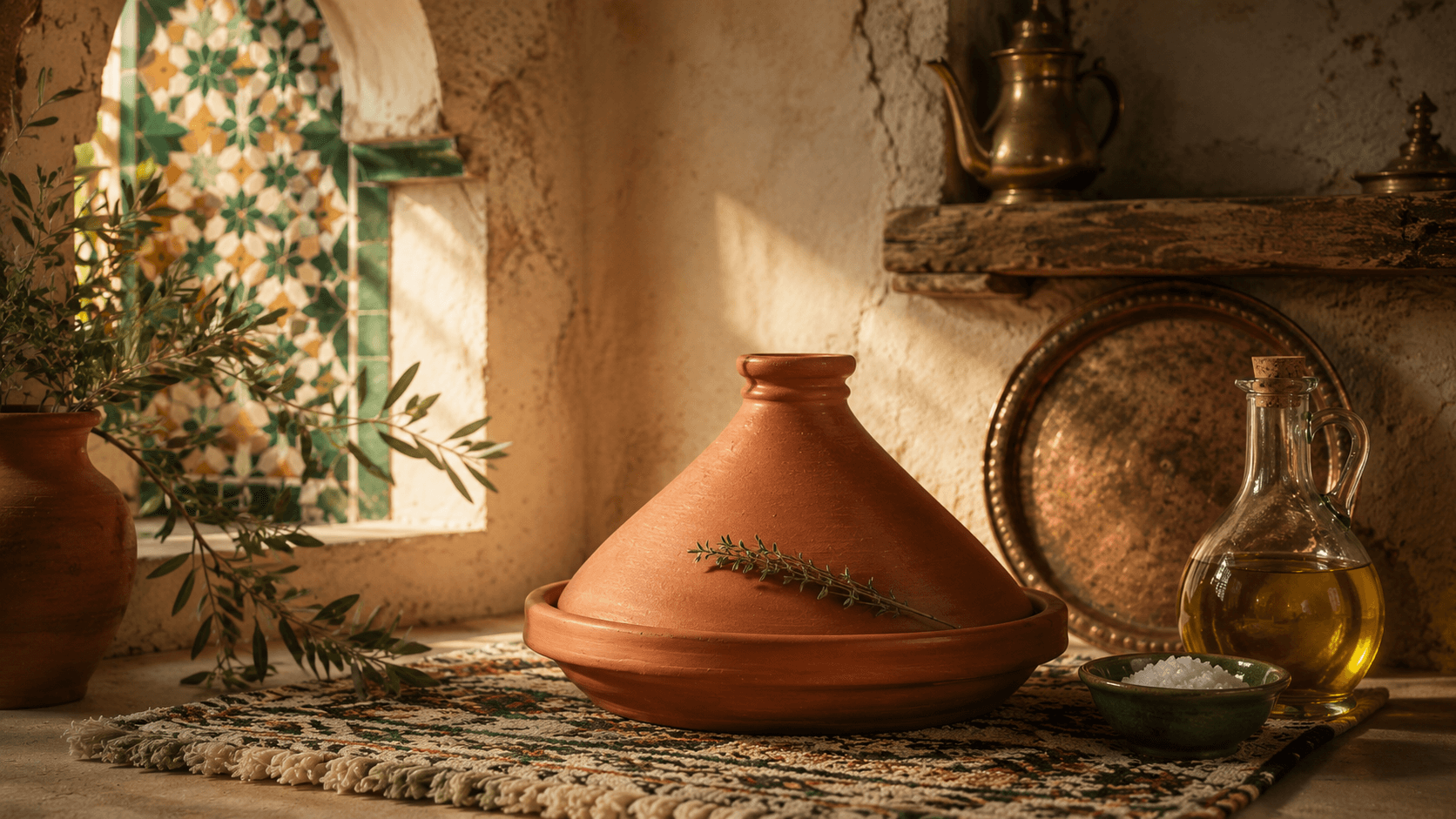 Tagine marocain en terre cuite avec brin de thym, branches d'olivier, fiole d'huile d'olive et motif zellige, nature morte de cuisine marocaine Tayyibat