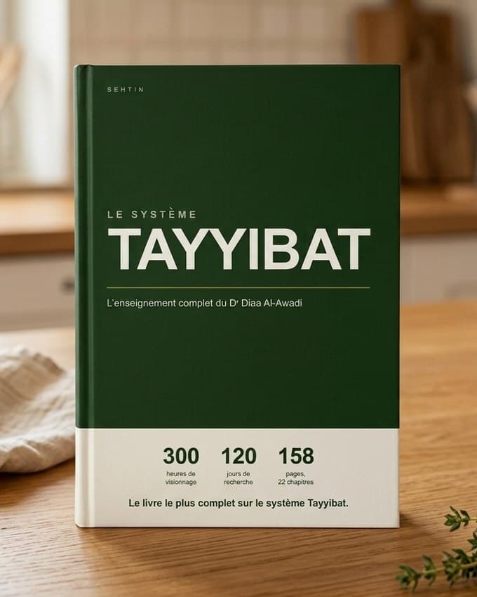Le livre Tayyibat posé sur un plan de travail, couverture verte